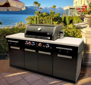 MA - 957 5 - Burner 63000 BTU Black Stainless Steel Outdoor Kitchen Bar Gas Island Grill W/ Infrared Rear Burner + Rotisserie Kit + Granite Countertop + Storage Cabinets & Full Weather Cover - Melillo EnterprisesAll categories